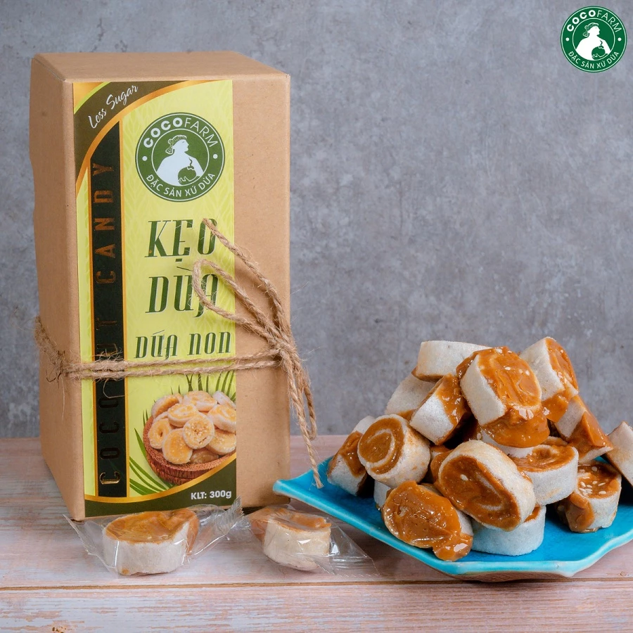 Kẹo Dừa Dứa Non vị Cà phê Cocofarm ít đường hộp 300g