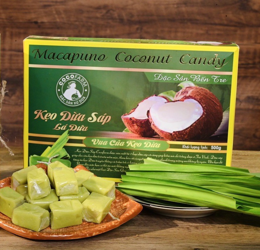 Kẹo Dừa Sáp vị Lá Dứa Cocofarm hộp 500gram